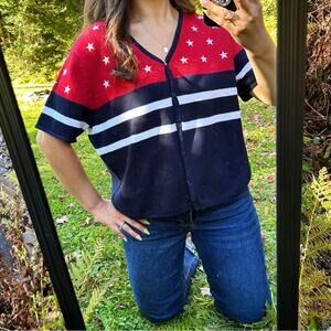 Vintage Norton Studio American Flag Patriotic Printed Short Sleeve Sweater Large